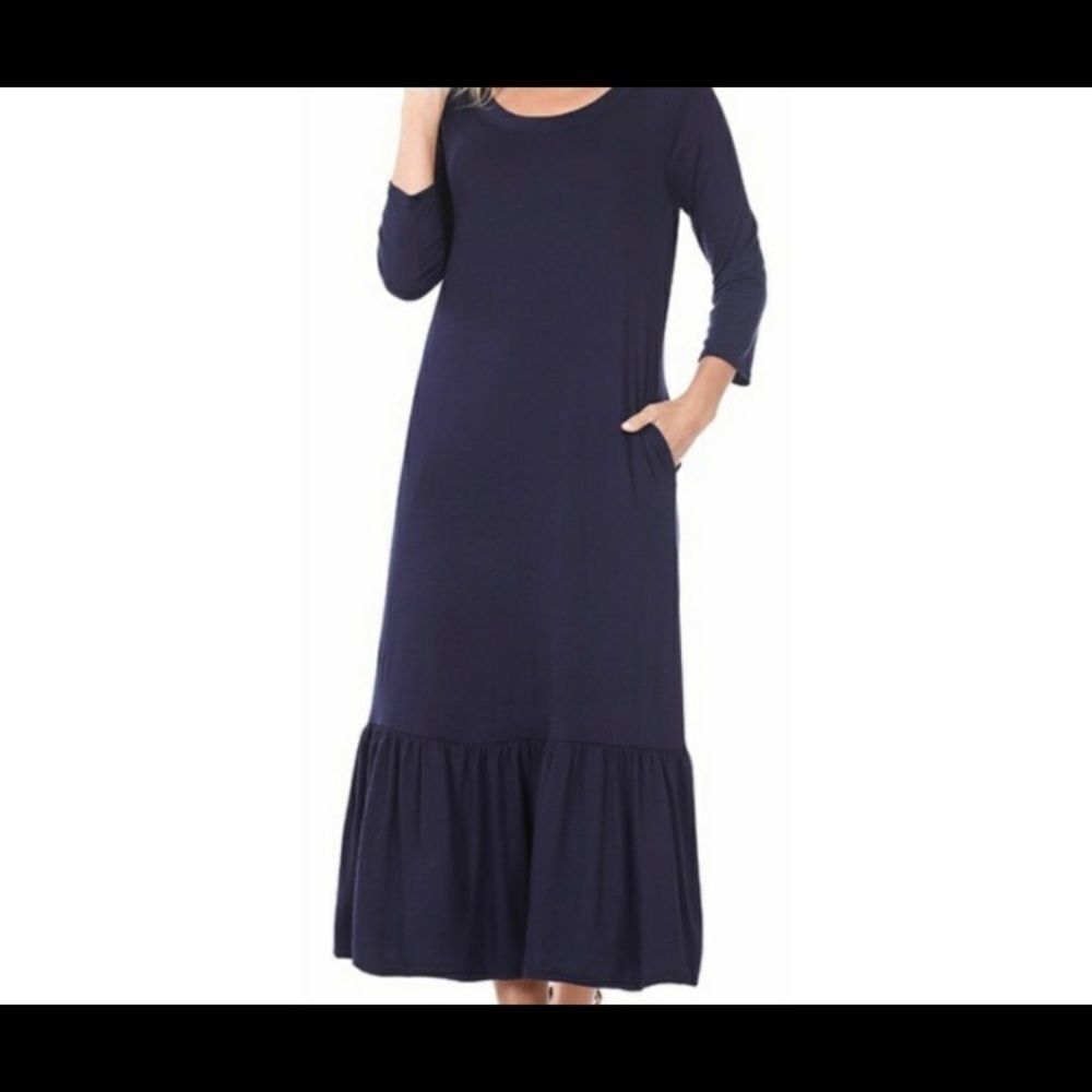 Navy Blue Single Ruffle Comfortable Dress - Picture 2 of 2